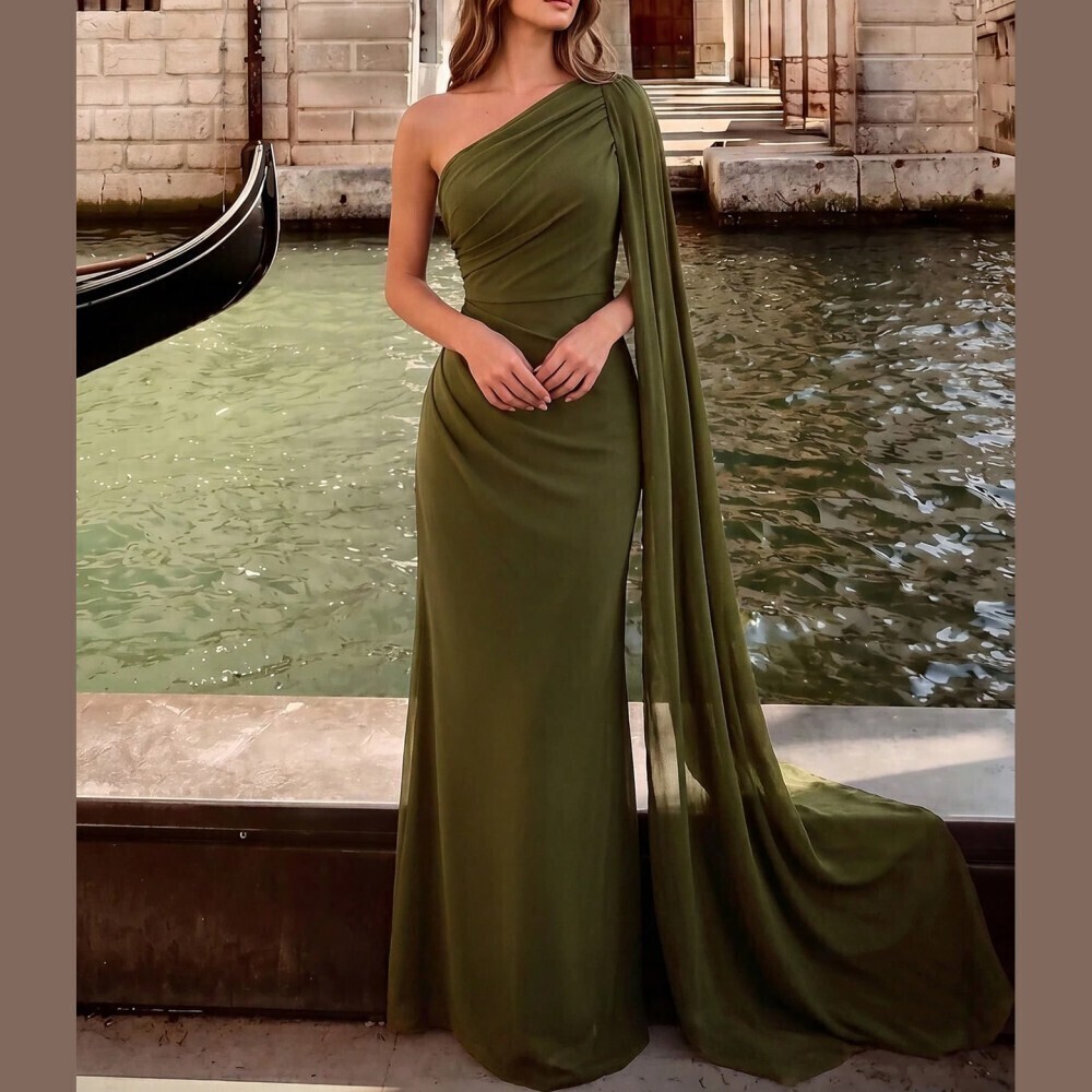 Olive Green One-Shoulder Draped Cape Maxi Gown - Picture 1 of 6